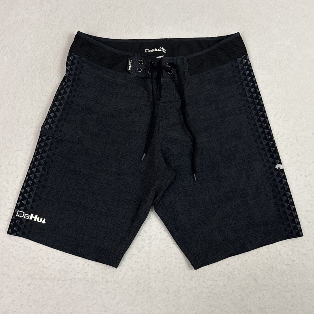 Da Hui Board Shorts Men’s 30 Black Gray Geometric Surf Swim Trunks Stretch